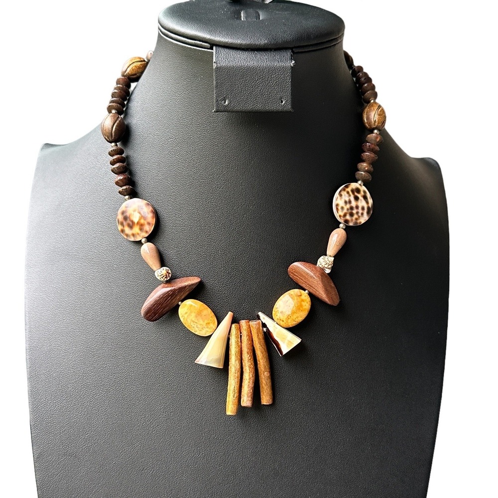 Barse Necklace‎ 18 Inch Shells Wood Stone 925 Sterling Chain Spacer Beads